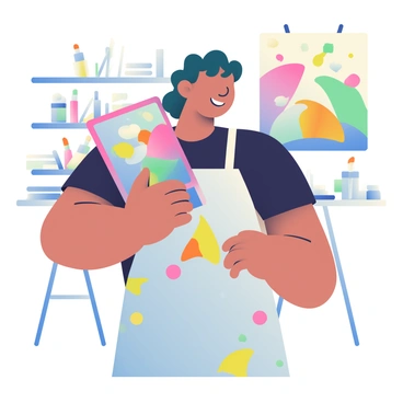 An artist with dark hair is standing in front of a colorful digital artwork displayed on their tablet. The artist is wearing a paint-splattered apron over a black t-shirt and is holding the tablet in one hand while taking a selfie with the other. The digital artwork features vibrant colors and abstract shapes. The background includes a cluttered art studio with brushes, paint tubes, and canvases scattered around. The artist is smiling, creating a lively atmosphere in the scene.