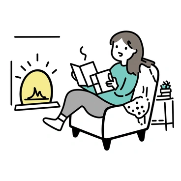 A woman with long brown hair is curled up in a cozy armchair, wearing a soft green sweater and gray leggings. She is holding a steaming cup of tea in one hand while the other hand is gently holding an open book in her lap. The armchair is upholstered in a warm fabric, and a knitted blanket is draped over one arm. A glowing fireplace is in the background, casting a soft light around the room. There are stacks of books on a nearby side table, and a small potted plant beside it adds a touch of greenery.