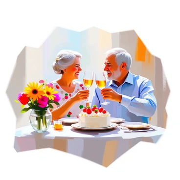 An older couple is sitting together at a elegantly set table, smiling at each other. The woman has gray hair styled in soft curls and is wearing a floral dress, while the man has thinning gray hair and is dressed in a light blue shirt. In front of them is a small, round cake decorated with white frosting and fresh strawberries on top. Surrounding the cake are vibrant flowers in a vase, including red roses and yellow daisies. The atmosphere exudes warmth as they raise their glasses of sparkling cider in a toast to their many years together.