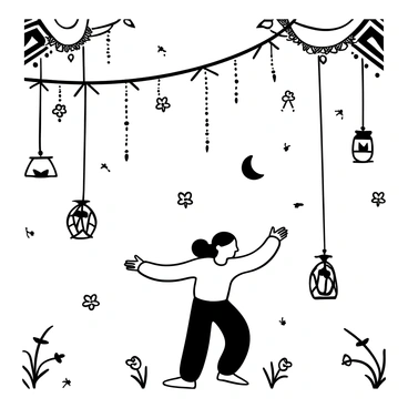 An Indian girl wearing a traditional outfit is dancing joyfully with her arms raised. She is surrounded by an array of decorative elements, including colorful garlands and intricate patterns hanging in the air. There are lanterns and flowers scattered throughout the scene. The background features various geometric shapes and motifs commonly seen in festival decorations.