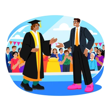 A graduate in a black cap and gown stands on a stage, holding a rolled-up diploma in one hand. The principal, wearing a formal suit, is handing the diploma to the graduate with a warm smile. The background features a decorated stage with colorful banners, and the audience can be seen clapping enthusiastically. Bright sunlight streams in, illuminating the scene, creating a festive atmosphere. The graduate's family can be spotted in the crowd, beaming with pride.