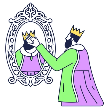 A king with a majestic robe stands in front of an ornate mirror. His facial expression reflects concentration as he gazes at his own reflection. The king has a golden crown in his hands, and he is carefully adjusting it on his head. The mirror features intricate carvings along the frame, depicting elaborate designs. The background suggests a grand room with lavish decorations, enhancing the sense of royalty in the scene.