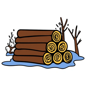 A neatly stacked pile of firewood in a rustic setting. The firewood consists of various sizes of logs, all cut to uniform lengths and arranged tightly together. The logs have a rich brown color with visible tree rings and bark textures. In the background, there are hints of snow-covered ground and bare trees, emphasizing the winter season. The sun casts soft shadows on the wood, enhancing the natural patterns and colors of the logs.
