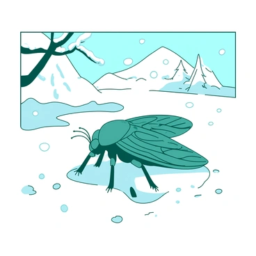 A teal cicada with its wings slightly unfurled is shivering in a snowy landscape. The ground is covered with a thick layer of white snow, and delicate snowflakes are falling gently around the cicada. In the background, there are scattered patches of snow-laden trees with white branches. The cicada seems to be searching for a small crevice in the snow or a tree bark to seek shelter from the cold.