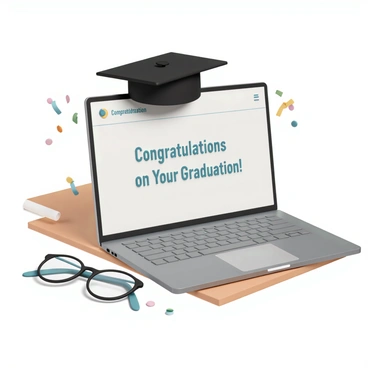 A graduation cap sitting on a laptop with a congratulatory email open