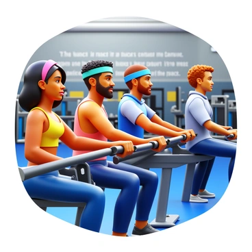 A diverse group of people using a seated row machine at a community gym. There are three individuals in the foreground: a woman with dark hair and a bright tank top, a man with a beard wearing a headband, and a young adult with short curly hair wearing a sports hoodie. Each person is focused on their workout, pulling the handles with determination. In the background, there are more gym equipment and a wall with motivational quotes. The atmosphere is lively, with bright lighting illuminating the space.