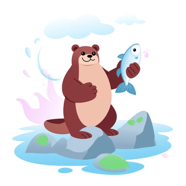 A loutre is standing on a rocky shore, its body angled slightly as it holds a fish triumphantly in its paws. The loutre has a sleek, shiny coat with a mix of dark and light browns, glistening in the light. The fish is wriggling slightly, with bright scales reflecting a range of colors. Surrounding the loutre are various smooth, wet rocks covered in patches of green moss. The background features gentle waves lapping at the shore, with a hint of a cloudy sky above, adding a textured atmosphere to the scene.