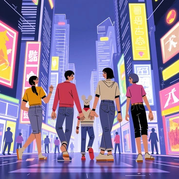 A group of anime characters is walking through a vibrant, futuristic city filled with neon lights. The cityscape features tall skyscrapers with colorful glowing advertisements on their surfaces. The characters, each with distinct clothing styles and hairstyles, are interacting with elements of the city, such as browsing holographic displays and admiring the bright lights. Streets are bustling with other people and futuristic vehicles, enhancing the lively atmosphere. Neon signs in various shapes and colors illuminate the surroundings, creating a dynamic and energetic environment.
