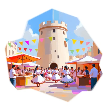 A vibrant cultural festival is taking place around "Galata Tower." Colorful banners and decorations adorn the area, creating a festive atmosphere. Groups of people are dancing joyfully, dressed in traditional costumes with intricate patterns. Musicians play lively tunes on various instruments, including drums and stringed instruments, filling the air with rhythm. Stalls are set up around the tower, offering traditional foods and handmade crafts. People are gathered together, enjoying the festivities, while the historic tower stands tall in the background, serving as a centerpiece for the celebration.