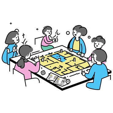 A tabletop board game setup featuring a large game board with a city layout, including streets, buildings, and parks. There are colorful player pieces representing different superheroes, each designed with unique costumes and powers. A deck of villain cards is displayed beside the board, with illustrations of various villains threatening the city. A set of dice is placed within reach, ready to be rolled. The players are gathered around the table, each focusing on their character's move, with excitement in the air as they strategize on how to save the city. The atmosphere is filled with vibrant colors, depicting a sense of action and adventure.