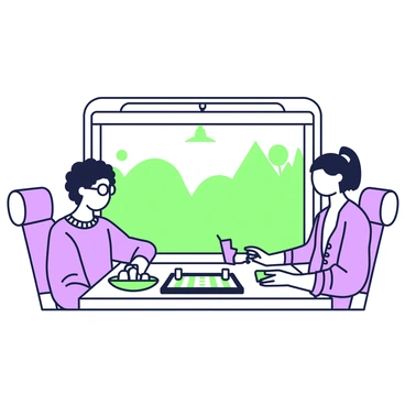 A group of passengers is seated at a table on a moving train. Two of them are focused on a backgammon board placed between them, with pieces in various positions. The passengers are diverse in appearance; one has curly hair and wears glasses, while the other has straight hair tied back and is wearing a patterned shirt. Around the table, there are trays with snacks and drinks, and the window showcases a blurred landscape of green hills and trees outside. The interior of the train features overhead lights and comfortable seating, contributing to the atmosphere of travel.