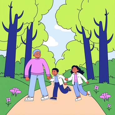 A family of four is walking along a narrow dirt path in a lush green forest. The parents are holding hands, smiling at each other. Their two children, a boy and a girl, are playfully running ahead, surrounded by tall trees with vibrant green leaves. Sunlight filters through the canopy, creating dappled patterns on the forest floor. The scene captures the joy and wonder of exploring nature, with various wildflowers scattered along the path.
