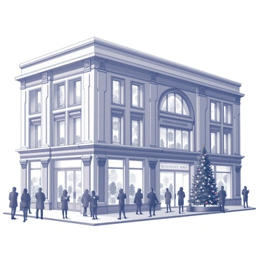 A grand department store with an ornate facade, featuring numerous windows adorned with intricate decorations. The entrance is illuminated by "twinkling lights," creating a warm, inviting scene. Outside, there is a large, beautifully "decorated tree" standing prominently, covered in "ornaments" and "garlands." The surrounding area is bustling with people, some admiring the store's display and others taking photographs. The sky above is clear, enhancing the festive ambiance of the holiday season.