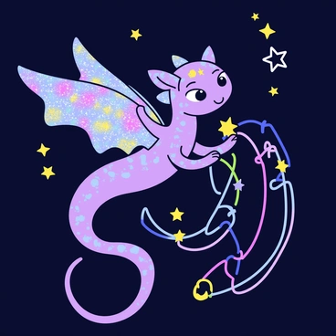 A mythical creature with iridescent wings hovers in the night sky. The creature has large, expressive eyes and a sleek body covered in shimmering scales that reflect the moonlight. It is weaving vibrant threads of color, creating intricate patterns across the dark expanse above. The threads are in shades of blue, purple, and gold, and they shimmer as they are pulled through the air. Stars twinkle in the background, enhancing the magical atmosphere.