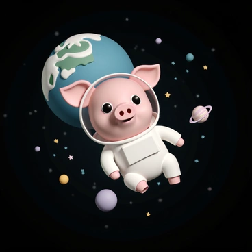A pig astronaut, wearing a white space suit with a clear helmet, is floating in the dark expanse of space. The pig's expression is one of curiosity, with its ears perked up and eyes wide open. It is surrounded by small floating stars and planets. In the background, the blue and green planet Earth is visible, with swirling white clouds and patches of land clearly outlined. The scene captures the sense of adventure and exploration.
