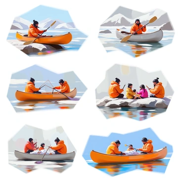 A series of small illustrations showcasing various Inuit canoe traditions and uses. The first illustration depicts a traditional Inuit kayak, made of animal skin stretched over a wooden frame, resting on a rocky shore. In the background, there are rugged mountains and a clear blue sky. The second illustration features an Inuit hunter paddling a canoe through icy waters, with seals visible in the distance. The hunter is dressed in traditional fur clothing, and the paddle is made from wood. The third illustration shows a gathering of Inuit families around a canoe, with children playing nearby and elders sharing stories. There are various tools and fishing nets resting against the canoe, emphasizing communal use. The final illustration highlights a canoe being used for transporting harvested seal, with several figures collaborating to secure the catch as they navigate back to shore.