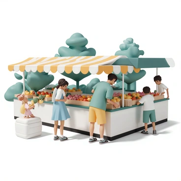 A group of people is shopping for fresh produce at an outdoor farmers market. The scene is filled with various stalls displaying colorful fruits and vegetables. A woman in a light blue sundress is selecting ripe tomatoes, while a man wearing a green shirt is inspecting a basket of apples. Nearby, a child is reaching for a bunch of bananas. Sunlight is shining brightly, casting soft shadows on the ground, and there are vibrant green trees in the background, completing the lively atmosphere of the market.