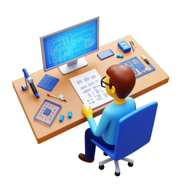 An engineer sitting at a desk, focused on designing complex computer circuits. The engineer is wearing glasses and has a notepad filled with sketches of circuit layouts. Various electronic components like resistors, capacitors, and microchips are spread out on the desk. A computer monitor displays intricate circuit design software. The room is well-lit, with tools such as a soldering iron and multimeter visible nearby. "Complex computer circuits" are the central theme of the workspace.