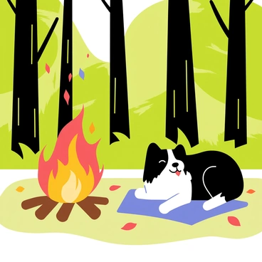 A Border Collie with black and white fur is lying peacefully beside a cozy campfire in a forest clearing. The campfire is crackling with orange and yellow flames, casting a warm glow around the area. Tall green trees surround the clearing, their leaves gently rustling in a light breeze. The ground is covered with a mix of soft grass and fallen leaves, creating a natural carpet. The Border Collie has its eyes closed, enjoying the warmth of the fire, while a few glowing embers float up into the night sky. A blanket is spread beside the dog, adding to the cozy atmosphere of the scene.