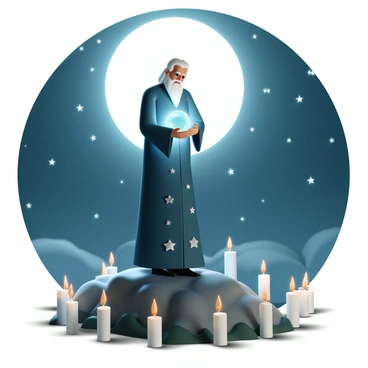 A wizard, wearing a long dark blue robe adorned with silver stars, stands on a rocky hilltop under a bright full moon. He has long white hair and a long beard, with a focused expression on his face. In his hands, he holds a glowing crystal orb emitting a soft light. Surrounding him are various candles arranged in a circle, flickering gently in the night breeze. The sky is filled with twinkling stars, and shadows cast by the moonlight create an enchanting atmosphere around the wizard as he performs his magical ceremony.