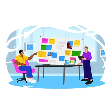 An illustrator stands next to a large, colorful presentation board displaying various concept art pieces. The office is modern, featuring a sleek glass desk and comfortable seating. Bright sunlight filters through the large windows, illuminating the space. The walls are adorned with framed artworks and design sketches. The client, sitting at the desk, looks intrigued as they examine the illustrations. A laptop is open, showing additional images on the screen. The illustrator gestures towards the board, emphasizing specific details in the artwork.