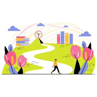 A scene depicting a winding path that stretches through a vibrant landscape. The path is lined with oversized flowers in bright colors, towering over a small figure walking. There are floating clouds shaped like various objects above, casting whimsical shadows on the ground. In the background, a giant clock is melting over a hill, while giant books are stacked like buildings, reflecting an unusual perspective. The sky is filled with swirling colors, creating a dreamlike atmosphere.