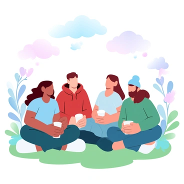 A circle of friends is sitting on the grass, all engaged in conversation. They are surrounded by lush greenery and colorful flowers. Each friend has a unique appearance; one has curly hair and is wearing a blue t-shirt, another has straight hair tied back and is dressed in a red hoodie. A third friend has a beanie on and is wearing a green sweater. They are sitting cross-legged, leaning in towards each other, with some holding cups of drinks. Above them, there are soft, gradient pastel clouds in the sky, enhancing the atmosphere of camaraderie and warmth.