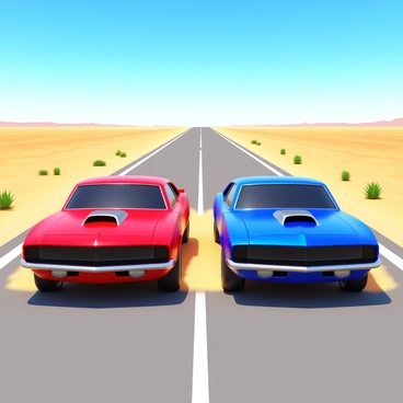 Two muscle cars in bright red and deep blue colors, racing side by side on a deserted highway. The cars have shiny chrome accents and distinctive aggressive designs, showcasing their powerful engines. The highway stretches straight ahead, flanked by sparse patches of grass and a clear blue sky overhead. Dust is kicked up from the tires as they accelerate, creating a sense of speed and competition. The scene captures the vibrant details of the cars, highlighting their aerodynamic shapes and bold features.