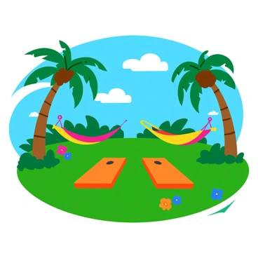 A vibrant cornhole game set on a green lawn at a tropical resort. The game features two brightly colored cornhole boards with holes cut out in the center. Surrounding the game are tall palm trees swaying gently in the breeze, providing shade. A couple of colorful hammocks hang between the trees, suggesting a place for relaxation. The sky is clear and blue, with a few fluffy white clouds scattered throughout. Bright tropical flowers in various colors are visible along the edges of the lawn, adding to the lively atmosphere.