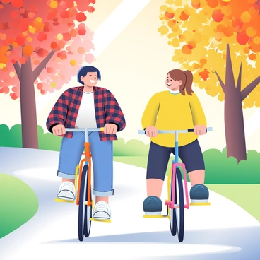 Kaede and Suzu are riding their bicycles down a scenic path. Kaede has short black hair and is wearing a plaid flannel shirt and denim jeans. She is laughing, with her head slightly turned toward Suzu. Suzu has long brown hair tied in a ponytail and is dressed in a cozy yellow sweater and leggings. The path is surrounded by trees with vibrant autumn leaves in shades of red, orange, and yellow, creating a colorful canopy overhead. Sunlight filters through the branches, casting dappled shadows on the ground. Both bicycles are brightly colored, adding to the lively scene.