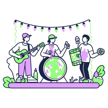 A band is performing on a small stage surrounded by a lively audience. The members are each playing unique instruments made from repurposed items. One musician is strumming a guitar made from an oil can, with a colorful, intricate design on the can's surface. Next to him, another band member plays a drum made from a large wooden barrel, decorated with various textures. A third musician is holding a microphone, wearing a cap, while tapping a tambourine created from bottle caps. The stage has strings of lights hanging above, adding a festive atmosphere to the scene, while the audience watches in excitement.