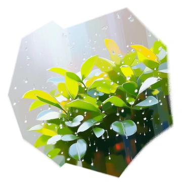 A close-up view of raindrops splashing against vibrant, lush green bushes. The bushes are dense with leaves, showcasing various shades of green, glistening under the droplets. The background features a soft blur, enhancing the focus on the dynamic interaction between the raindrops and the foliage. Each droplet catches the light, creating a sparkling effect as they fall and collide with the leaves. The scene captures the essence of a gentle rainfall, evoking a sense of freshness and vitality.