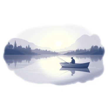 A calm lake reflecting the surrounding landscape. In the foreground, a small boat is occupied by a lone fisherman casting his fishing line into the water. The surface of the lake is smooth, with gentle ripples created by the movement of the boat. In the background, the sun is setting on the horizon, creating a glowing light effect over the water. The sky above transitions from lighter to darker shades, while silhouettes of trees line the shore, framing the scene.