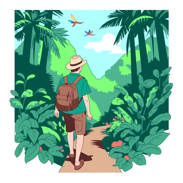 An explorer in a teal shirt is walking along a narrow path through the dense Malaysian rainforest. The explorer is wearing a wide-brimmed hat and carrying a brown backpack. Surrounding the path, there are towering green trees with large, broad leaves and vibrant tropical plants. Sunlight filters through the canopy, creating patches of light and shadow on the forest floor. Colorful birds can be seen flying above, adding to the lively atmosphere of the scene. The explorer looks intently forward, capturing the essence of adventure in the wild.