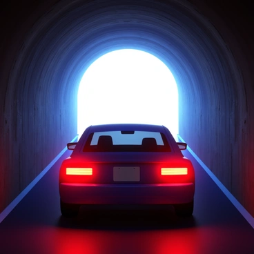 A car driving away, with its rear lights illuminating the dark tunnel. The tunnel walls are textured with rough concrete, reflecting the car's headlights. The bright light at the end of the tunnel is glowing vividly, creating a stark contrast with the shadows inside. The car appears sleek and modern, with its windows slightly tinted. The scene captures the sense of movement and the journey towards the light.