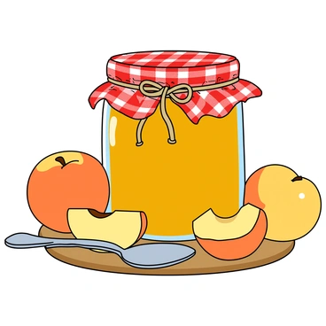 A delightful vector illustration of a jar of peach marmalade with fresh peaches and a spoon beside it.