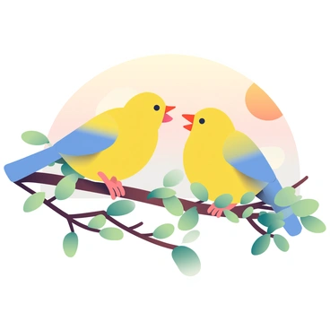A pair of bright yellow birds with blue accents are perched on a tree branch. The birds are facing each other, their beaks open as they chirp joyfully. The tree branch is adorned with fresh green leaves, glistening in the early morning light. In the background, the sky is painted with soft hues of orange and pink as the sun rises, casting a warm glow over the scene. The overall ambiance of the image captures the lively interaction of the birds against the tranquil backdrop of dawn.