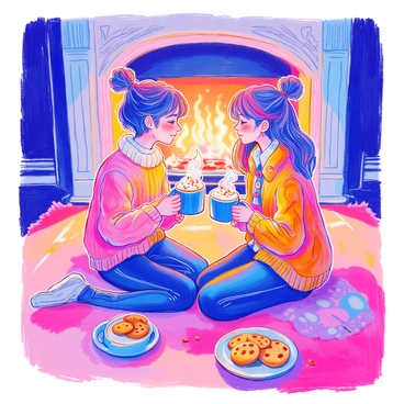 Two people sitting together by a warm fireplace, sipping hot cocoa