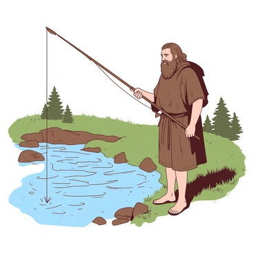 A Viking warrior is standing by a flowing river, engaged in fishing using traditional methods. He is dressed in a rustic brown tunic, which is slightly weathered and shows signs of wear. The warrior holds a wooden fishing spear with a pointed tip, poised above the water, ready to catch fish. His long hair is tied back, revealing a strong face with a focused expression. The riverbank is grassy and dotted with small rocks, and there are a few trees in the background, adding to the natural setting. The scene conveys a sense of solitude and connection with nature.