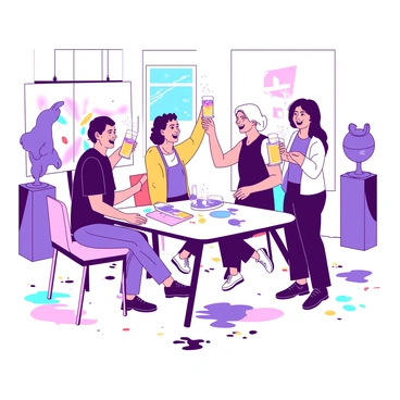 A group of diverse artists, including a painter, a sculptor, and a digital artist, are gathered around a table in a bright, spacious studio. They are holding up glasses filled with sparkling drinks, toasting to their successful grant applications. Colorful paint splatters cover the floor and walls, creating a lively atmosphere. In the background, a canvas displays a partially completed artwork, while sculptures are placed on pedestals around the room. Each artist wears a smile, expressing their joy and camaraderie during this special moment of celebration.