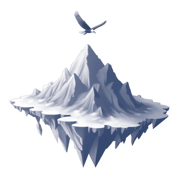 A rugged floating island with a steep mountain peak dominates the scene. The mountain features jagged edges and rocky surfaces, contrasting against the smoothness of the island. Wisps of clouds surround the base of the island, giving it an ethereal appearance. Above, a lone eagle soars gracefully, its wings outstretched as it glides through the air, capturing the majesty of the landscape below. The overall composition highlights the dramatic height of the mountain and the vastness of the sky.