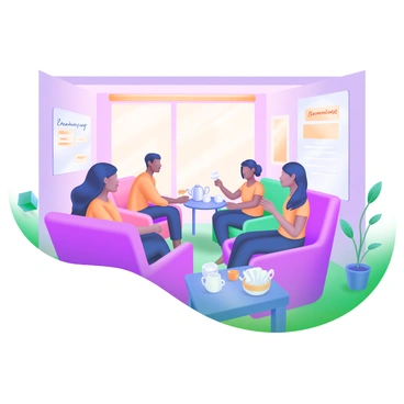 A cozy room filled with warm, soft lighting. The walls are painted in a light pastel shade, creating a welcoming atmosphere. In the center, there is a circular arrangement of comfortable chairs occupied by a diverse group of people. Each member is sharing their experiences, looking engaged and supportive. A small table nearby holds a stack of tissues, a teapot, and several mugs. A potted plant sits in the corner, adding a touch of greenery. On one wall, there is a whiteboard with handwritten notes of encouragement visible.