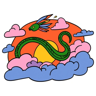 A feathered serpent deity with colorful feathers and intricate patterns soaring gracefully through a vibrant sky. The serpent has bright green and blue feathers along its body, with a distinctive crest on its head. Its long, sinuous form twists elegantly as it moves through the clouds. The sky is filled with various shades of orange, pink, and purple, showcasing a stunning sunset. Fluffy clouds surround the serpent, adding depth to the scene, while rays of sunlight break through, illuminating the vibrant colors of the feathers.