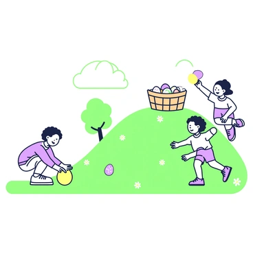 A group of children is rolling colorful Easter eggs down a gentle, grassy hill. The children, a mix of boys and girls, are laughing and running alongside the hill. One child with curly hair is crouched down, pushing a bright egg with both hands. Another child is jumping with excitement, holding a purple egg in one hand. The grassy hill slopes gently under a clear sky, dotted with small flowers. In the background, there are a few trees providing shade, and a basket filled with more decorated eggs is placed at the top of the hill.