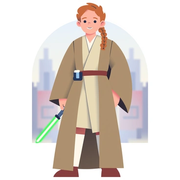 A young Anakin Skywalker, as a Padawan, stands confidently with a proud expression on his face. He has light brown hair, styled with a distinctive long braid that hangs down his back. He is wearing a traditional Jedi robe in shades of brown, which complements his youthful features. His lightsaber, with a green blade, is clipped to his belt, hinting at his training and readiness. The background features soft, blurred colors representing the Jedi Temple, enhancing the focus on Anakin's determined demeanor.