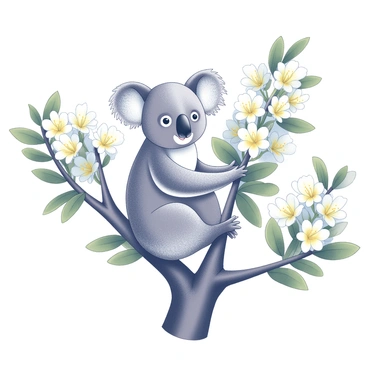 A koala is sitting on a sturdy branch, comfortably nestled among clusters of eucalyptus flowers. The koala's furry body is partially covered by lush green leaves, creating a natural and serene enclosure. Several white and yellow eucalyptus flowers are in full bloom around it, their petals delicately open and showcasing their intricate details. The koala's large, round ears and soft fur contrast with the texture of the bark of the tree. The composition captures a moment of calm, highlighting the koala's relaxed demeanor in this natural setting.