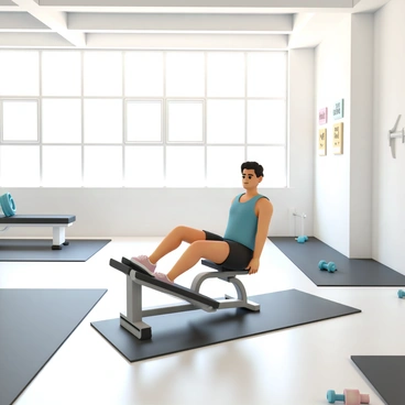 A spacious gym room with large windows allowing bright sunlight to stream in. The walls are painted in a light color, and the floor is equipped with dark rubber mats. In the center of the room, a person is sitting on a leg press machine, wearing a blue tank top and black shorts. They are pressing a weighted platform with their feet, showcasing focused determination on their face. Nearby, there are various gym equipment pieces, including dumbbells and a bench. A few motivational posters are hanging on the walls, adding to the energetic atmosphere of the space.