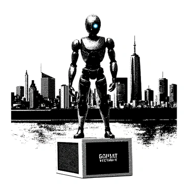 A futuristic robot is standing confidently on a matchbox. The robot has sleek, angular features and metallic textures that reflect the surrounding light. It has glowing eyes and intricate designs on its body. In the background, there is a city skyline with various tall buildings and structures, creating a sense of depth. The matchbox is detailed, with visible branding and texture, contrasting with the robot's advanced technology. The scene captures the juxtaposition of the small matchbox and the towering city.