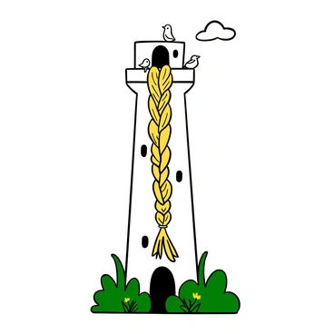 A long braid of golden hair cascading down from a tall tower, touching the ground below. Several birds perched on the hair, with their wings slightly open, as they rest. The background features the top of the tower, with a few clouds drifting in the sky above. Lush greenery surrounds the base of the tower, with some wildflowers peeking through the grass.