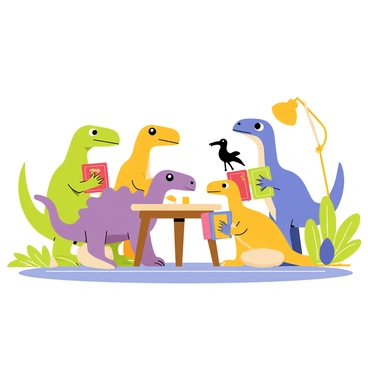 A group of four dinosaurs is gathered around a small, round wooden table in a cozy nook. The dinosaurs include a green Triceratops, a purple Stegosaurus, a blue Pterodactyl perched on the table, and a yellow Velociraptor sitting on a cushion. Each dinosaur holds a colorful book with bright covers featuring various designs. The nook is decorated with green plants and a soft rug, creating a warm and inviting atmosphere. A small lamp on the table casts a gentle light over the scene, enhancing the cozy vibe.